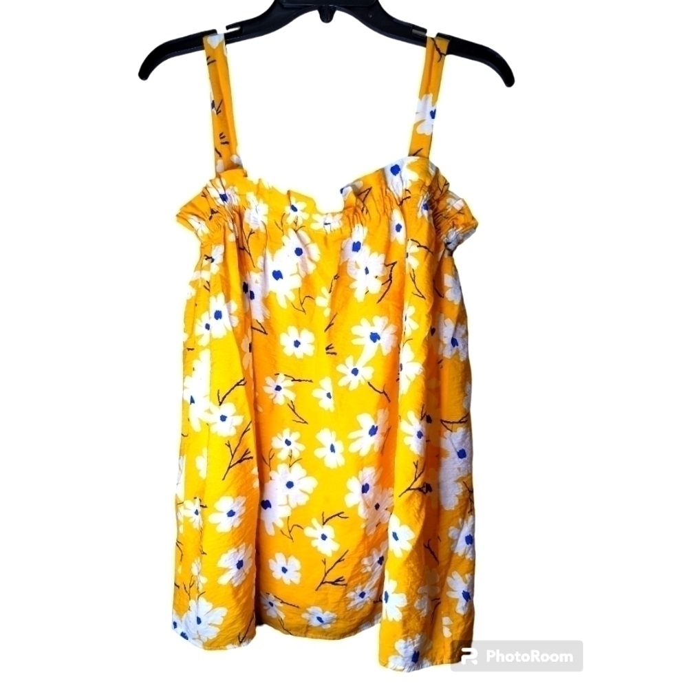 Easel Small tank top bright yellow floral crinkle boho beach